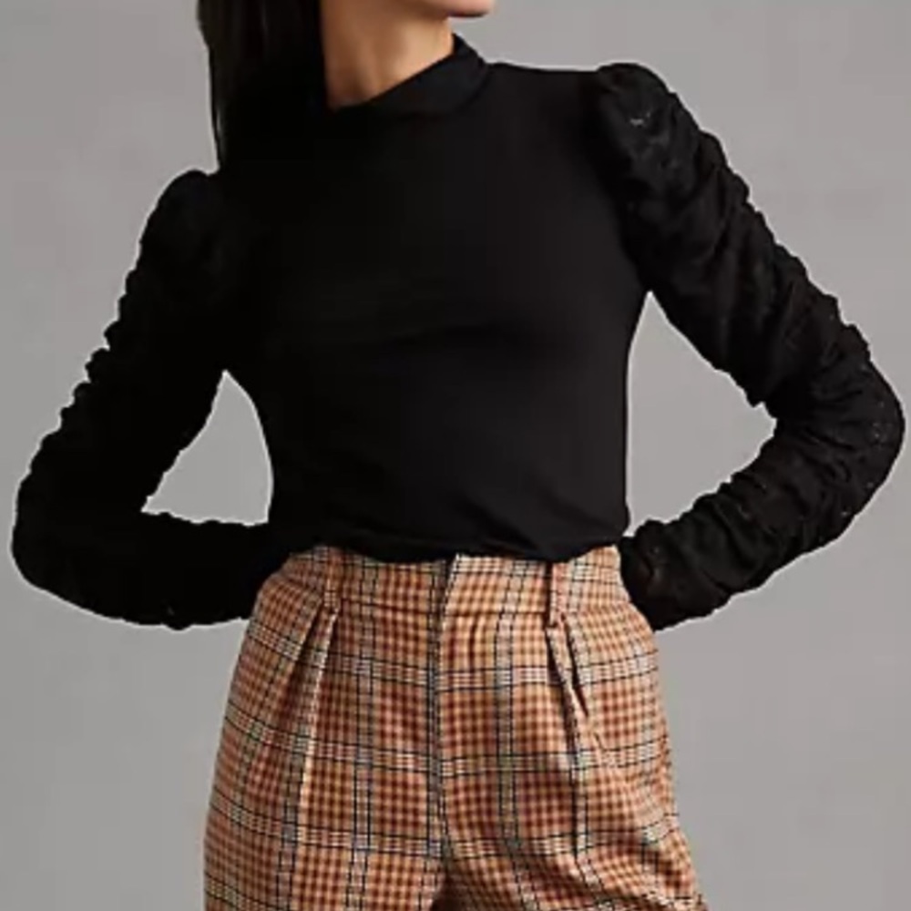 Maeve Black Long-Sleeve Puff Sleeve Top